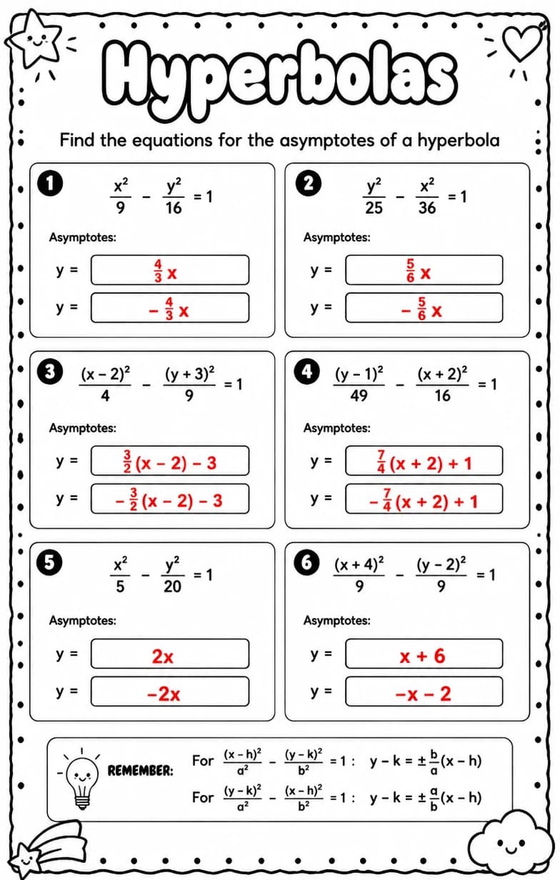 Answer key for Find the equations for the asymptotes of a hyperbola — free printable Math worksheet