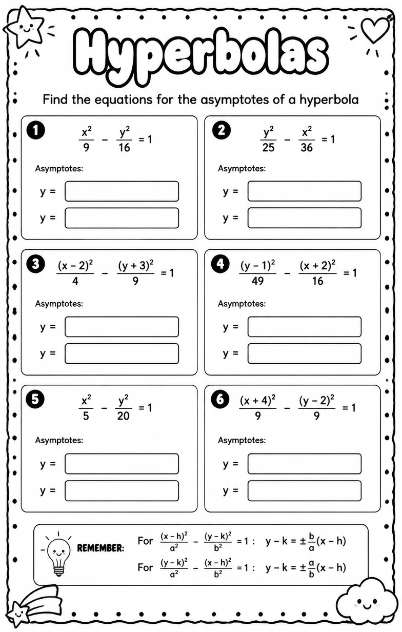 Find the equations for the asymptotes of a hyperbola — free printable Algebra 2 math worksheet