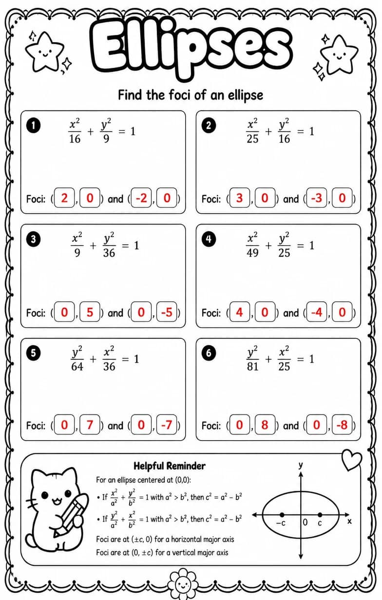 Answer key for Find the foci of an ellipse — free printable Math worksheet