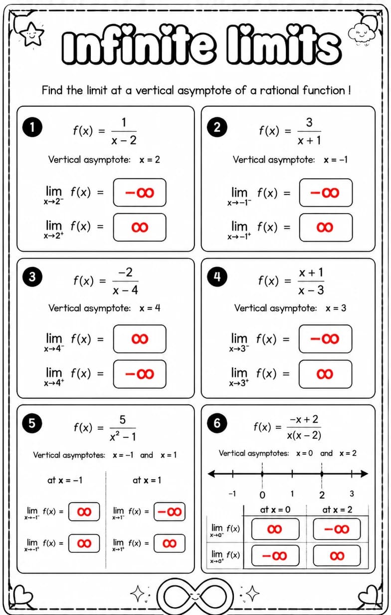 Answer key for Find the limit at a vertical asymptote of a rational function I — free printable Math worksheet