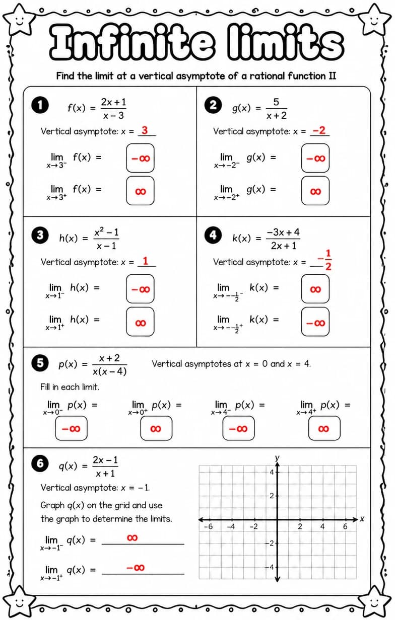 Answer key for Find the limit at a vertical asymptote of a rational function II — free printable Math worksheet