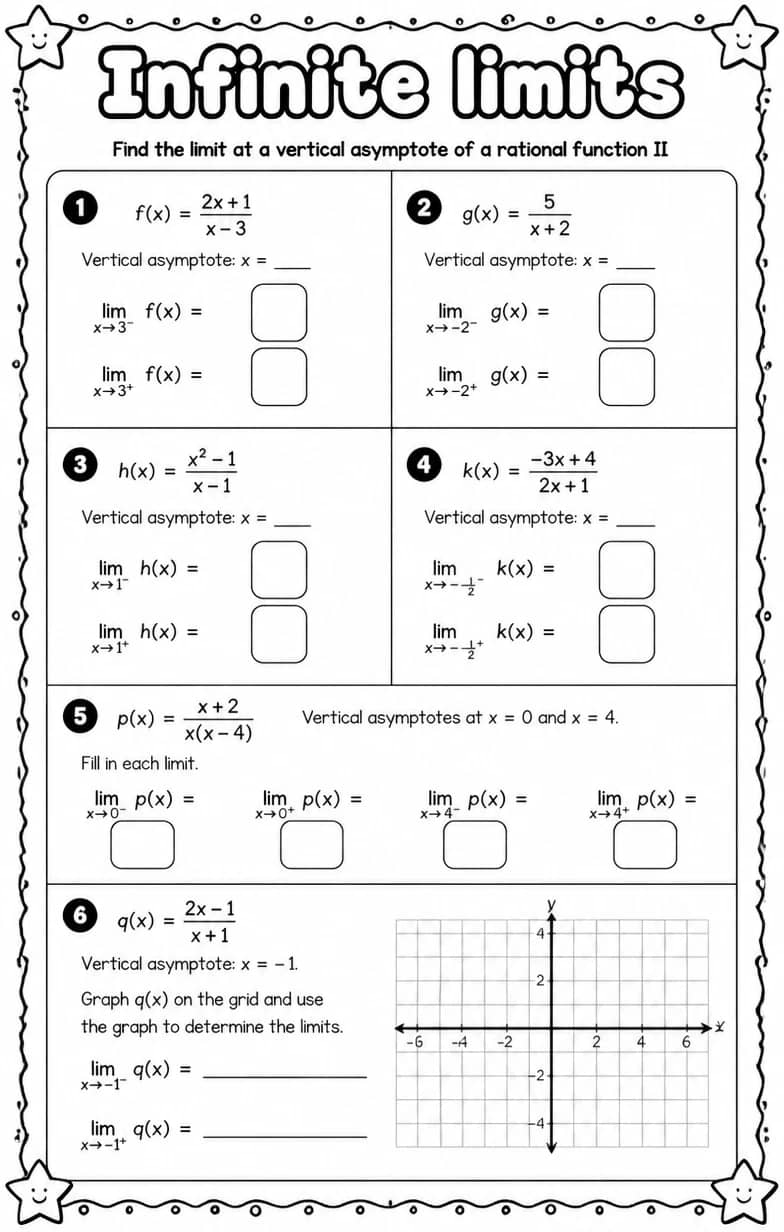 Find the limit at a vertical asymptote of a rational function II — free printable Calculus math worksheet