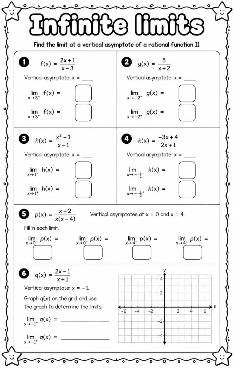 Find the limit at a vertical asymptote of a rational function II — free printable High School Math worksheet