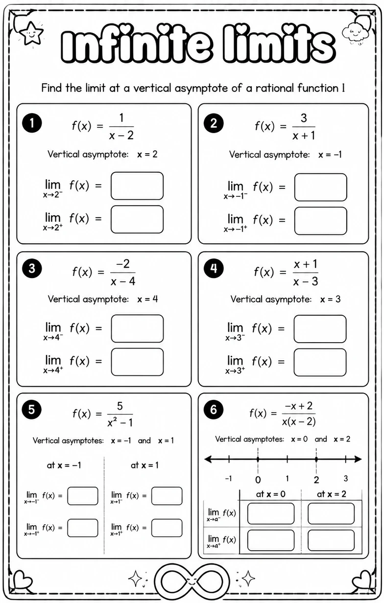 Find the limit at a vertical asymptote of a rational function I — free printable High School Math worksheet