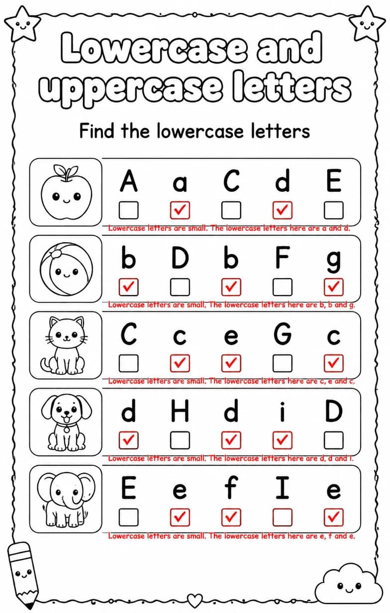 Answer key for Find the lowercase letters — free printable English & Reading worksheet