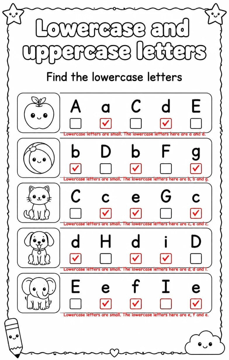 Answer key for Find the lowercase letters — free printable English & Reading worksheet