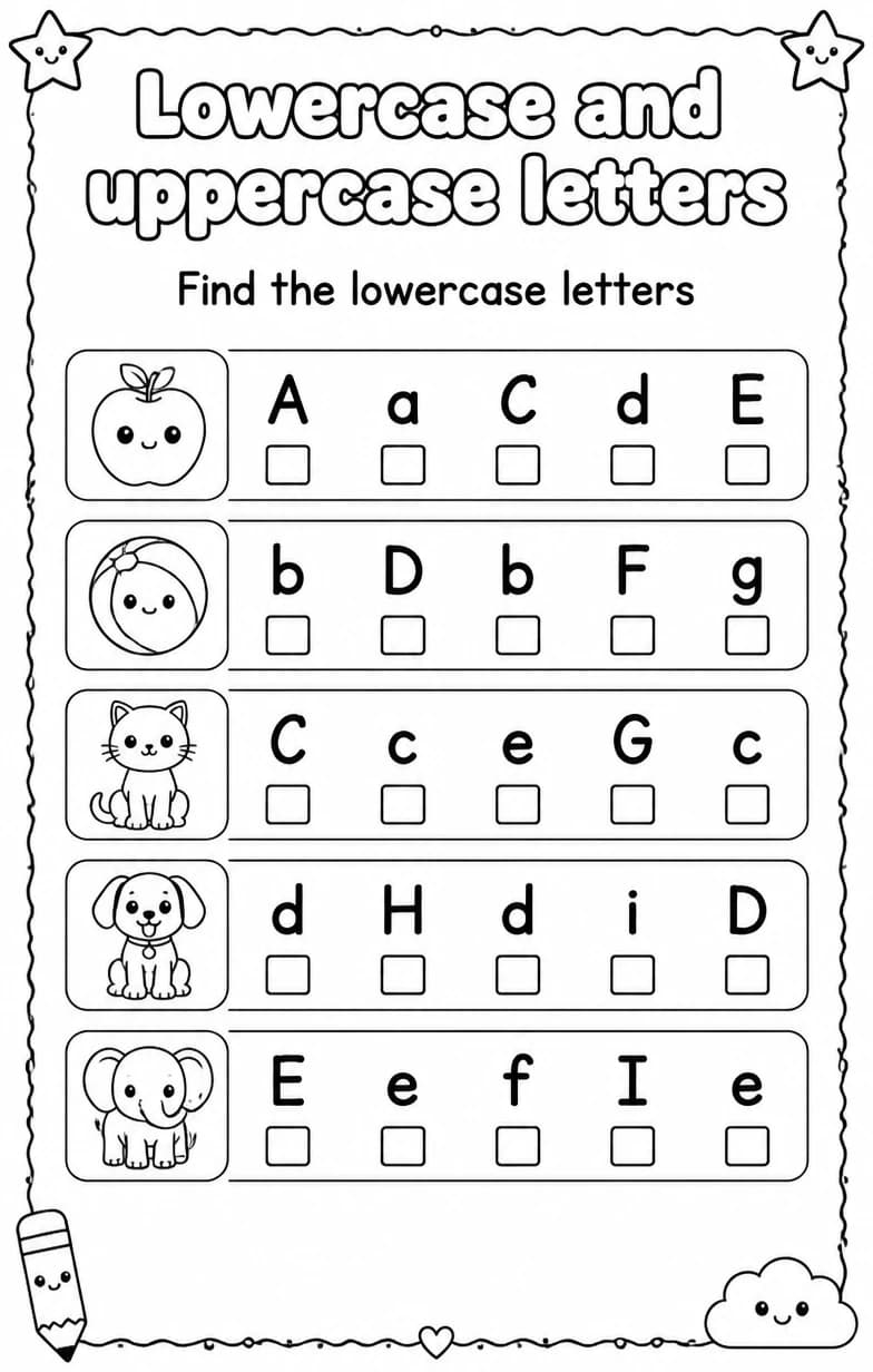 Find the lowercase letters — free printable Reading foundations English worksheet