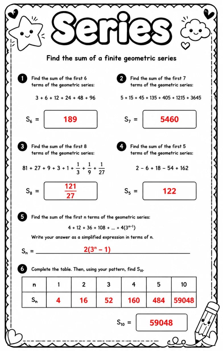 Answer key for Find the sum of a finite geometric series — free printable Math worksheet