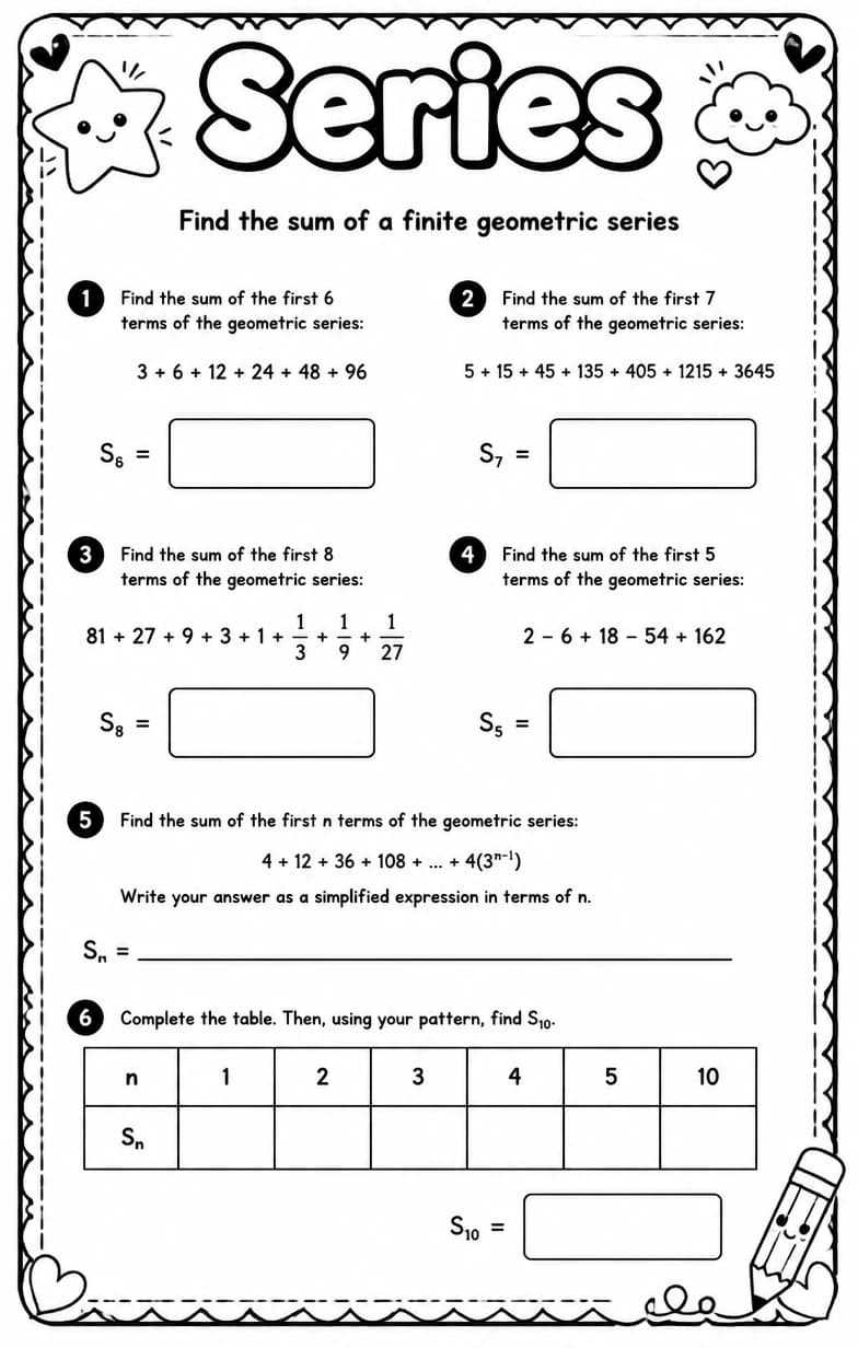 Find the sum of a finite geometric series — free printable Algebra 2 math worksheet