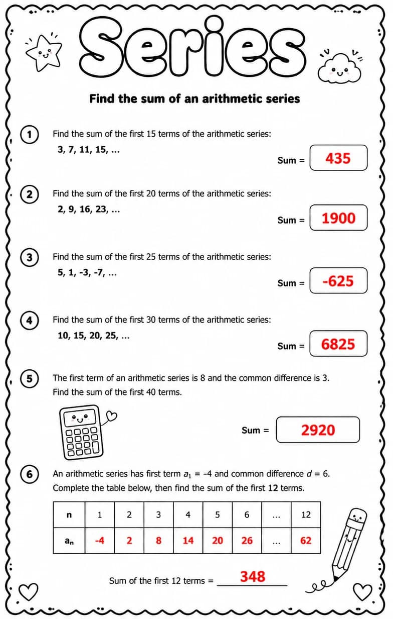 Answer key for Find the sum of an arithmetic series — free printable Math worksheet