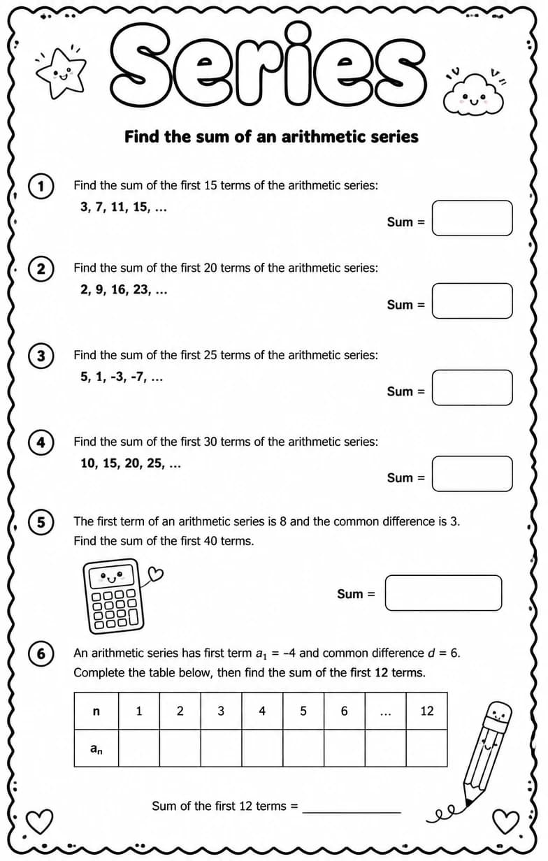 Find the sum of an arithmetic series — free printable Algebra 2 math worksheet