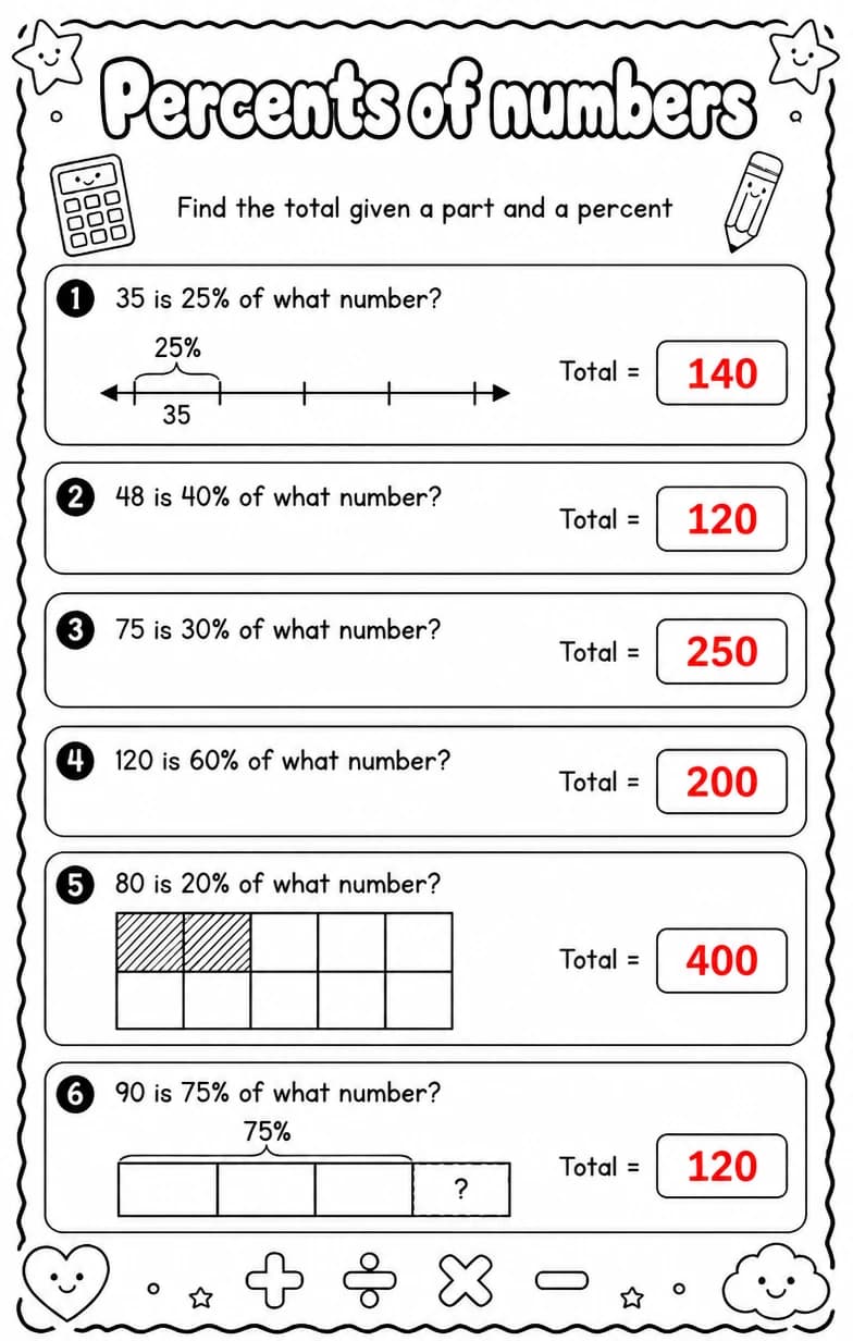 Answer key for Find the total given a part and a percent — free printable Math worksheet