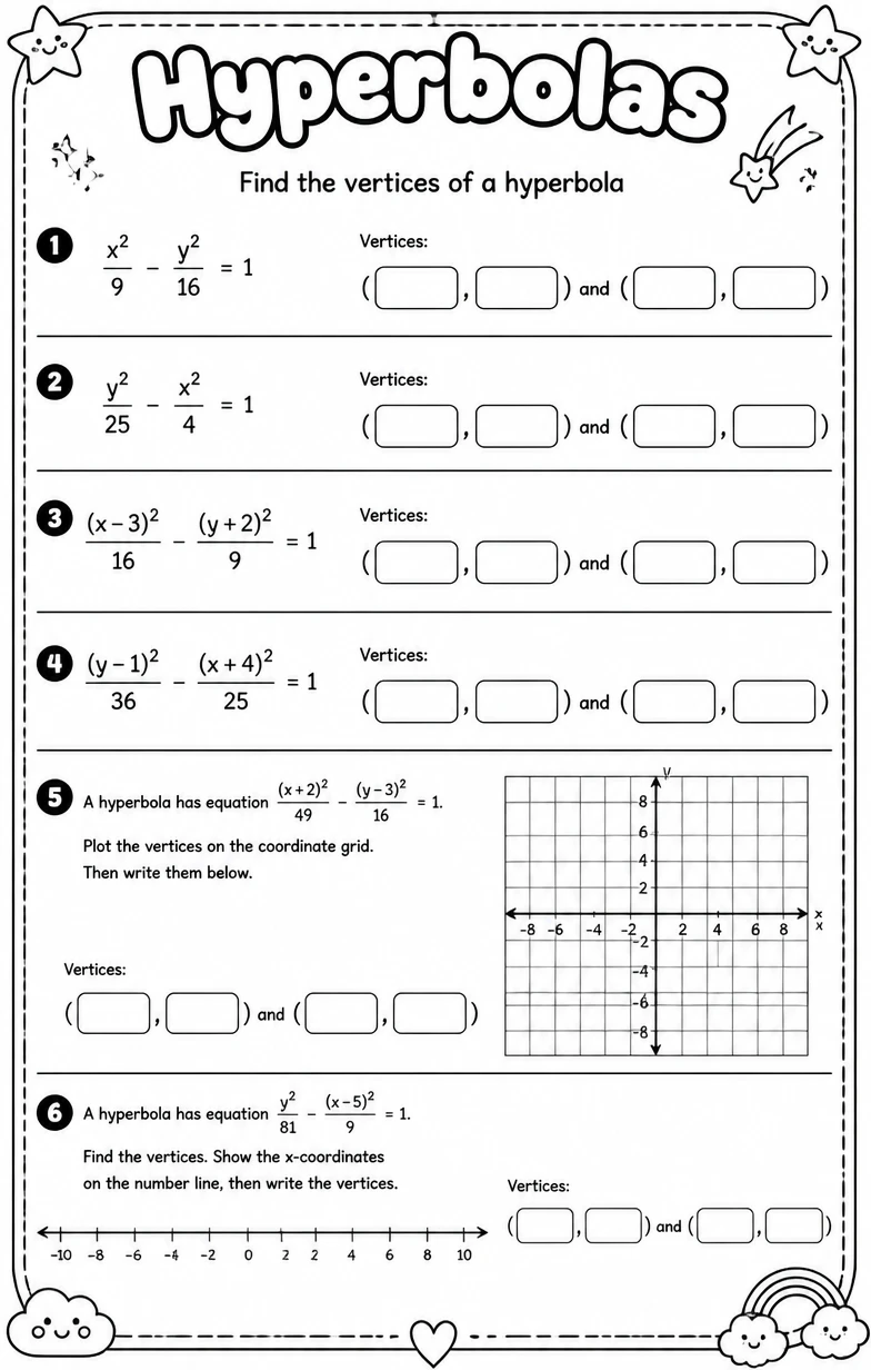 Find the vertices of a hyperbola — free printable Algebra 2 math worksheet