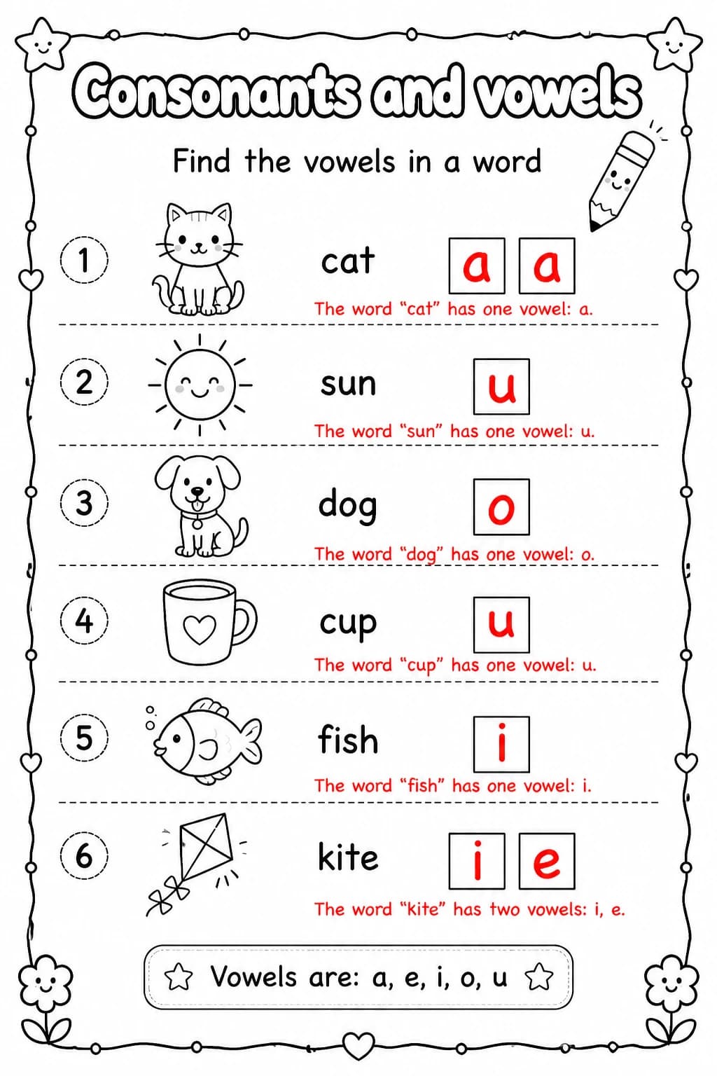 Answer key for Find the vowels in a word — free printable English & Reading worksheet