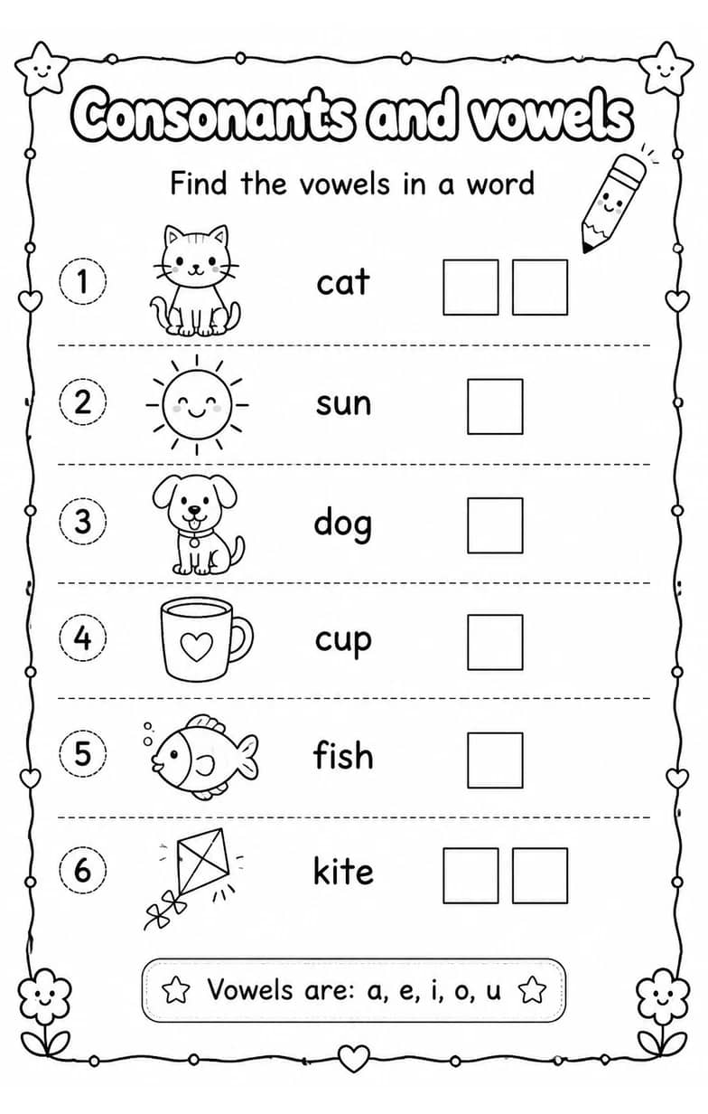 Find the vowels in a word — free printable Reading foundations English worksheet