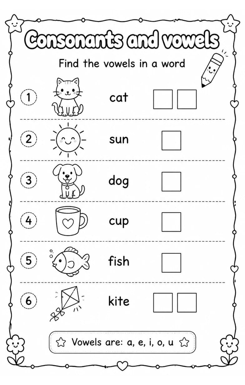 Find the vowels in a word — free printable Grade 1 English & Reading worksheet