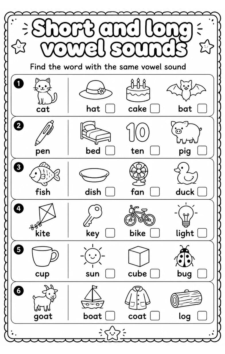 Find the word with the same vowel sound — free printable Grade 1 English & Reading worksheet
