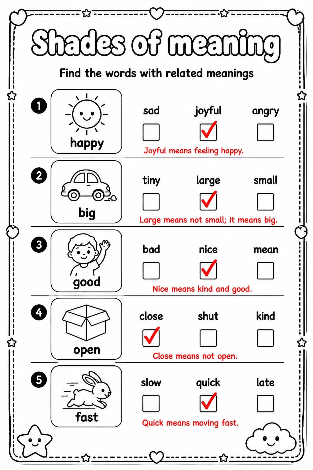 Answer key for Find the words with related meanings — free printable English & Reading worksheet