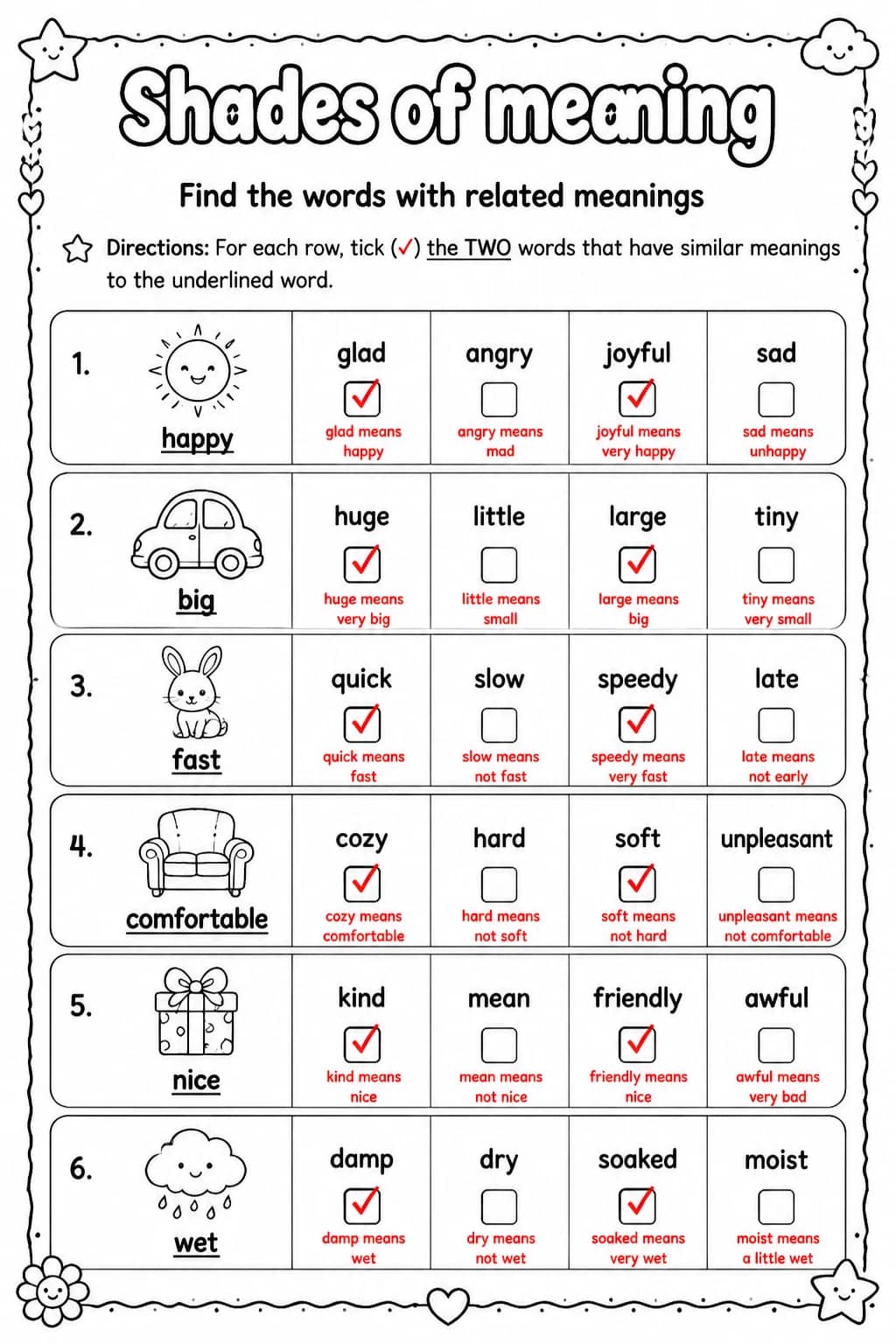 Answer key for Find the words with related meanings — free printable English & Reading worksheet