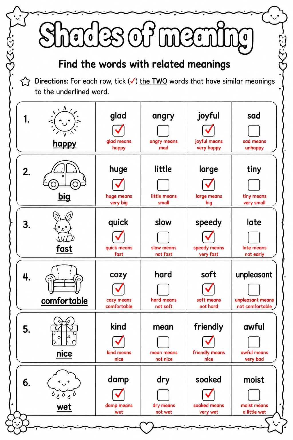 Answer key for Find the words with related meanings — free printable English & Reading worksheet