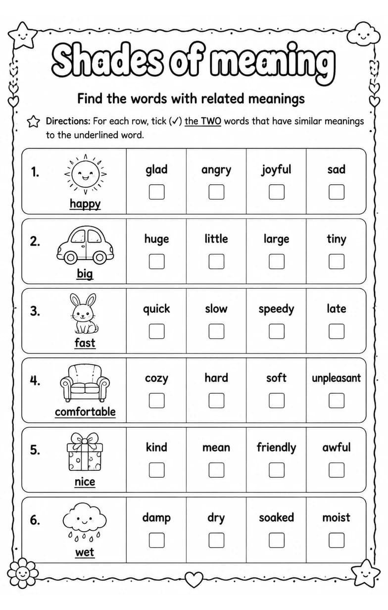 Find the words with related meanings — free printable Grade 2 English & Reading worksheet