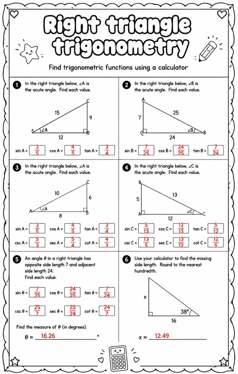 Answer key for Find trigonometric functions using a calculator — free printable Math worksheet