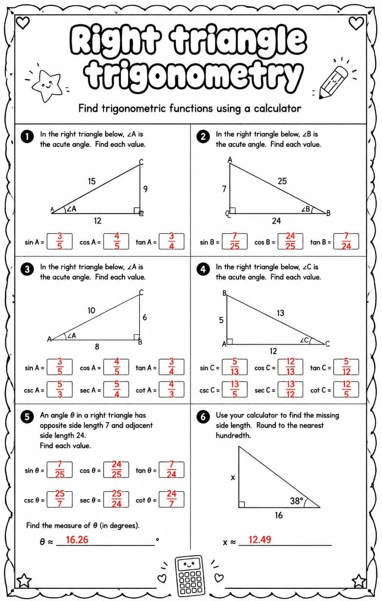 Answer key for Find trigonometric functions using a calculator — free printable Math worksheet