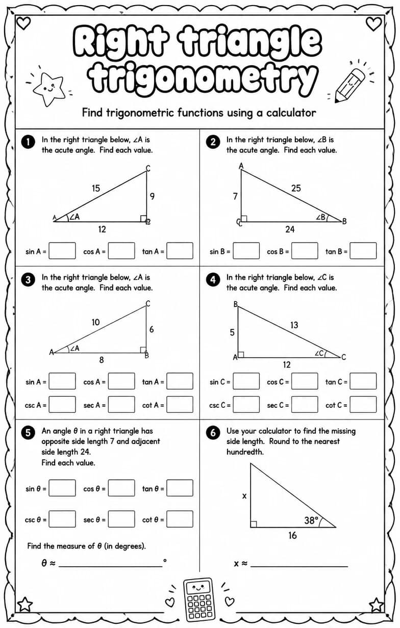 Find trigonometric functions using a calculator — free printable Algebra 2 math worksheet
