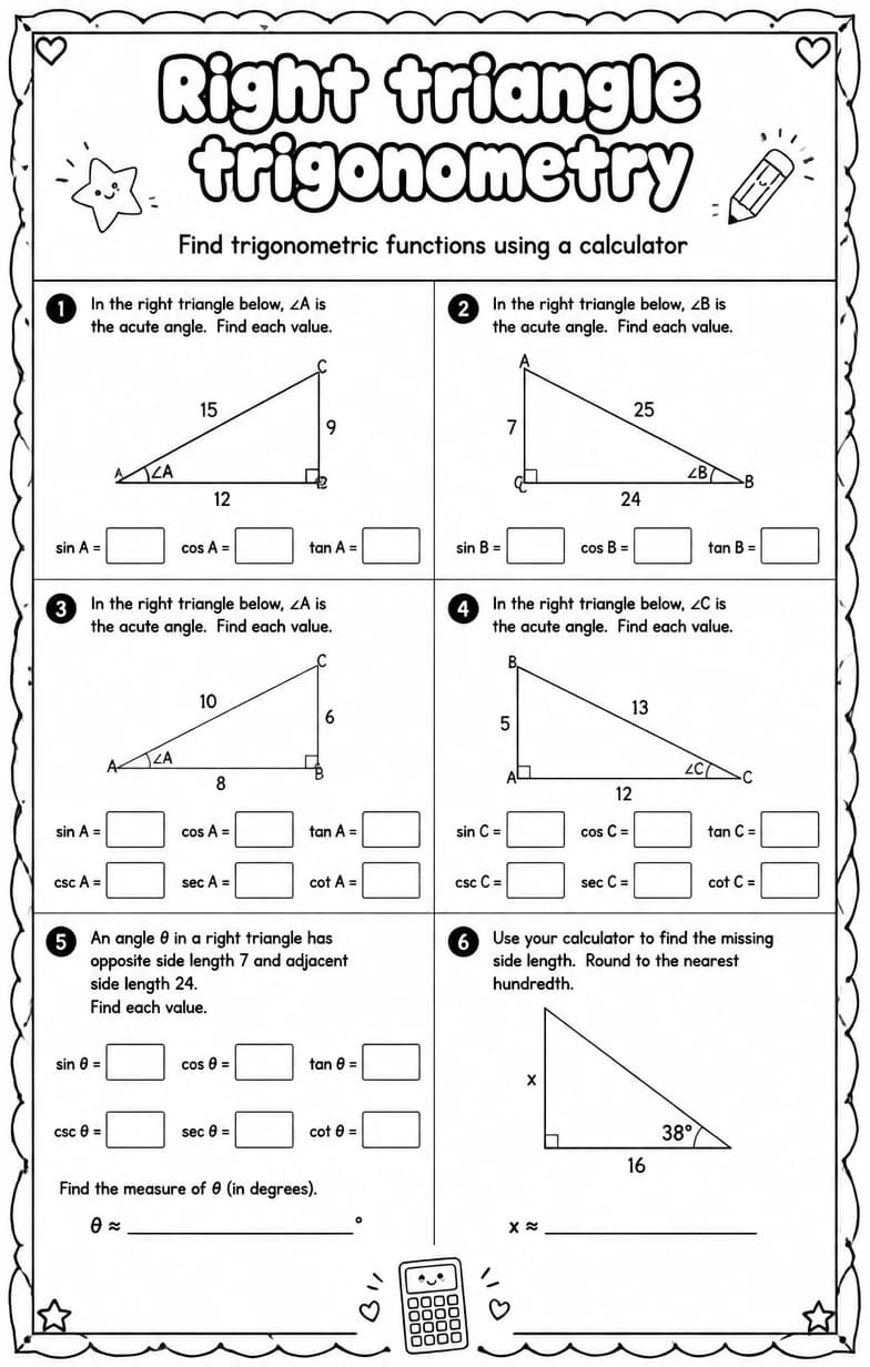 Find trigonometric functions using a calculator — free printable Algebra 2 math worksheet