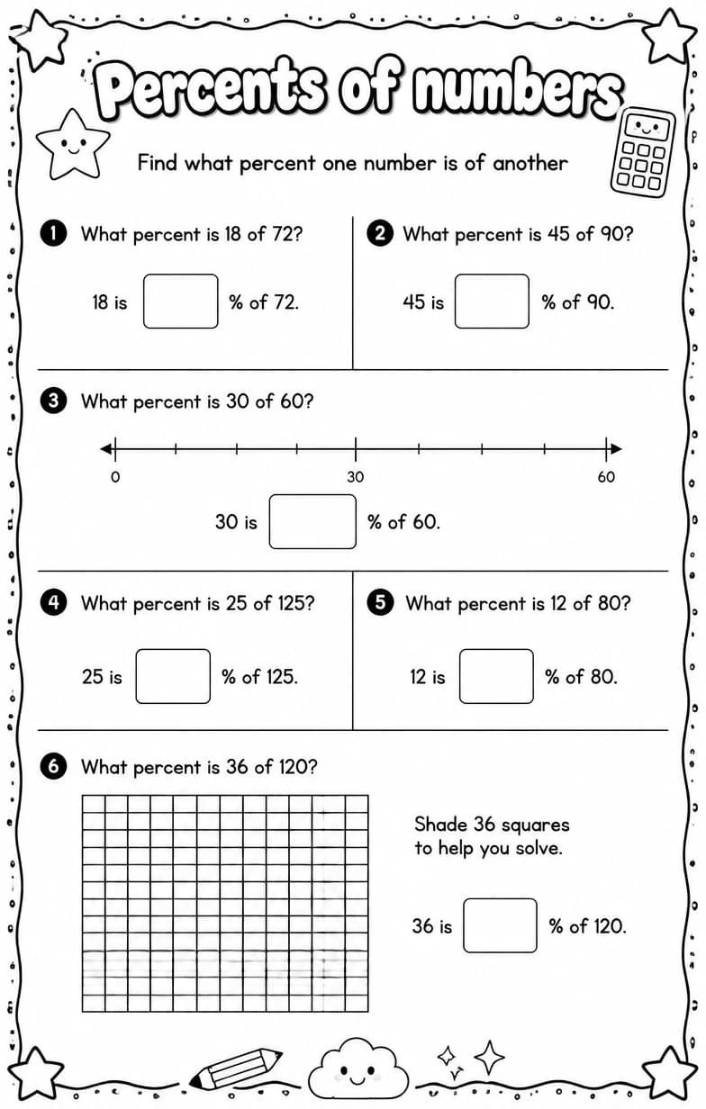 Find what percent one number is of another — free printable Grade 6 math worksheet