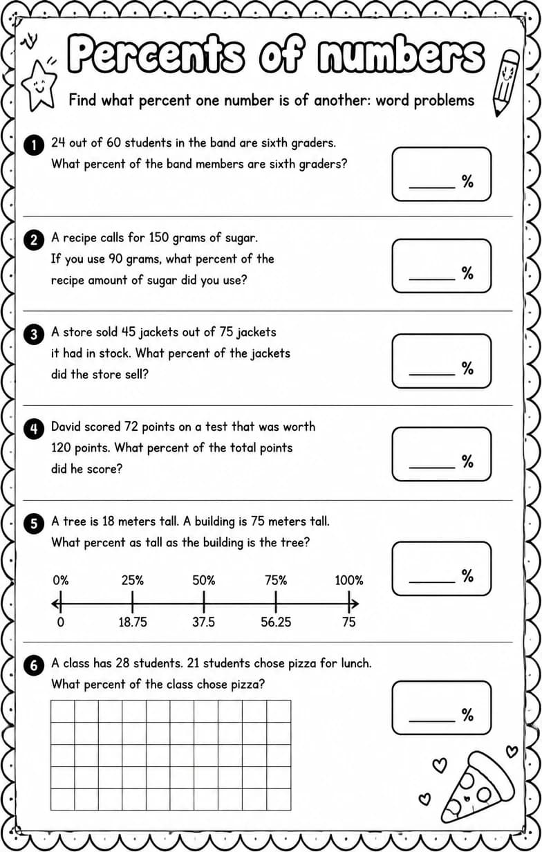 Find what percent one number is of another: word problems — free printable Grade 6 math worksheet