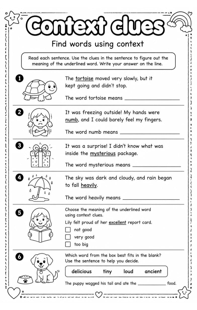 Find words using context — free printable Grade 4 English & Reading worksheet