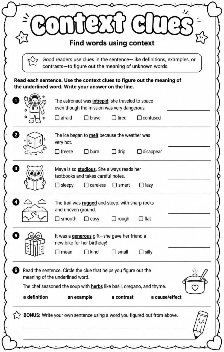 Find words using context — free printable Grade 5 English & Reading worksheet