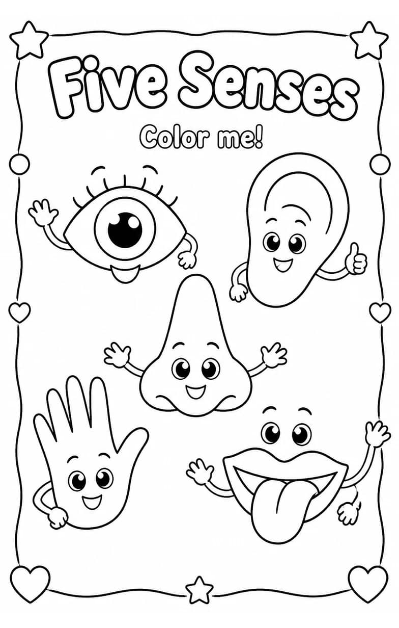 Five Senses Coloring Pages — free printable Kindergarten Art worksheet