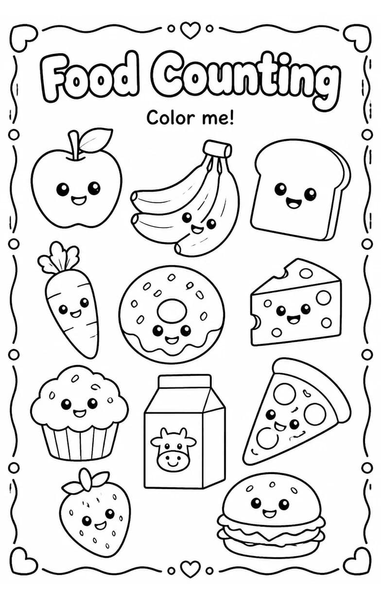 Food Counting Coloring Page — free printable Grade 1 Math worksheet