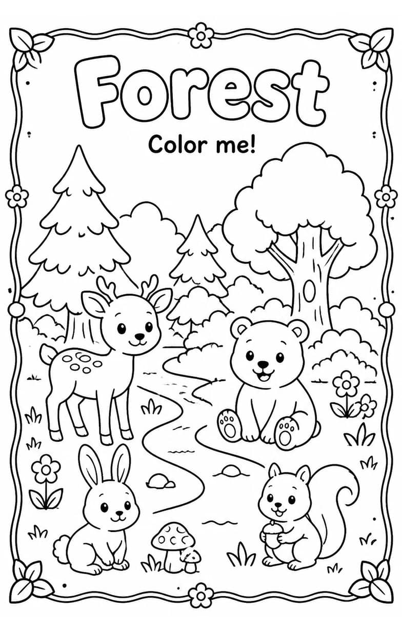 Forest Coloring Pages — free printable Kindergarten Art worksheet