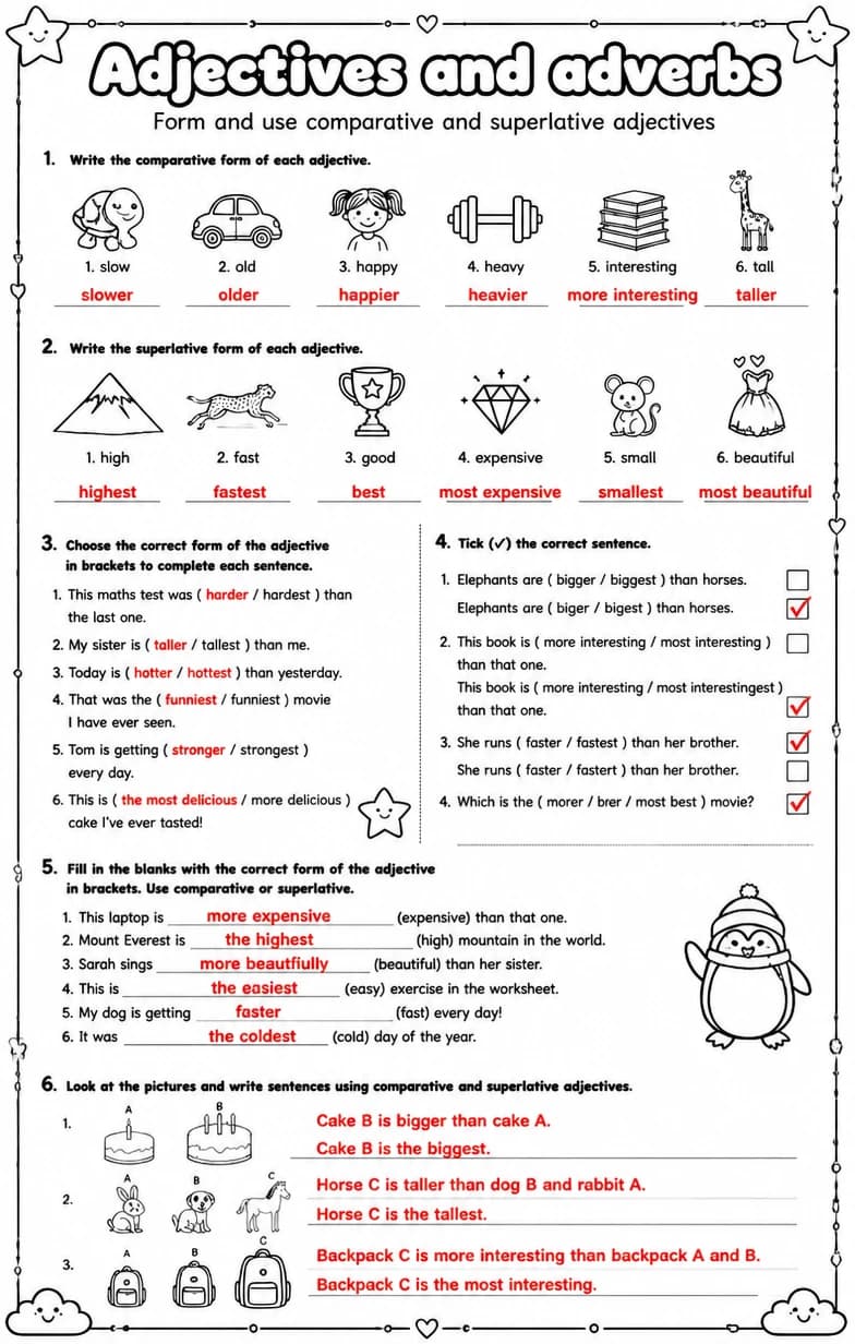 Answer key for Form and use comparative and superlative adjectives — free printable English & Reading worksheet