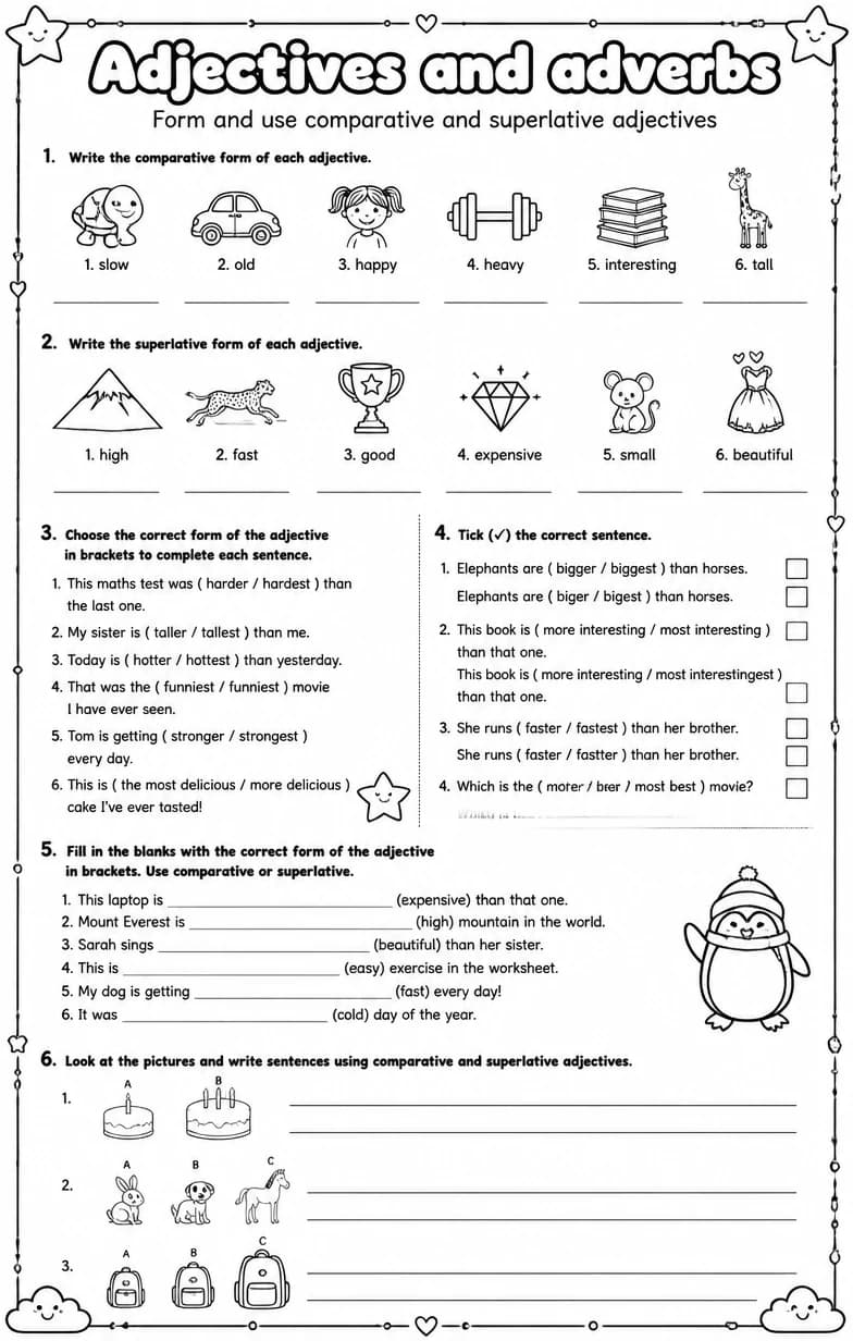 Form and use comparative and superlative adjectives — free printable Grammar and mechanics English worksheet
