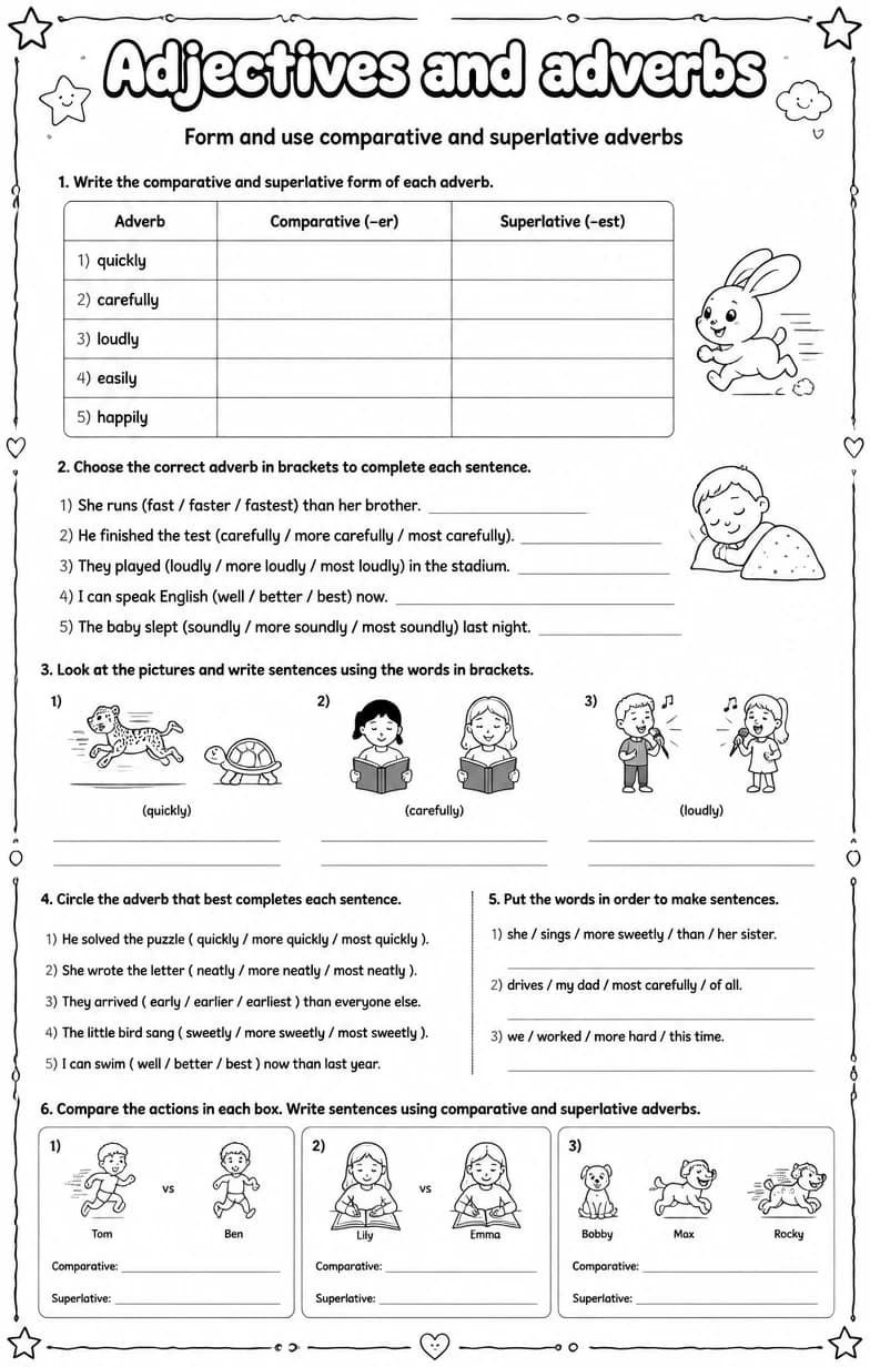 Form and use comparative and superlative adverbs — free printable Grammar and mechanics English worksheet