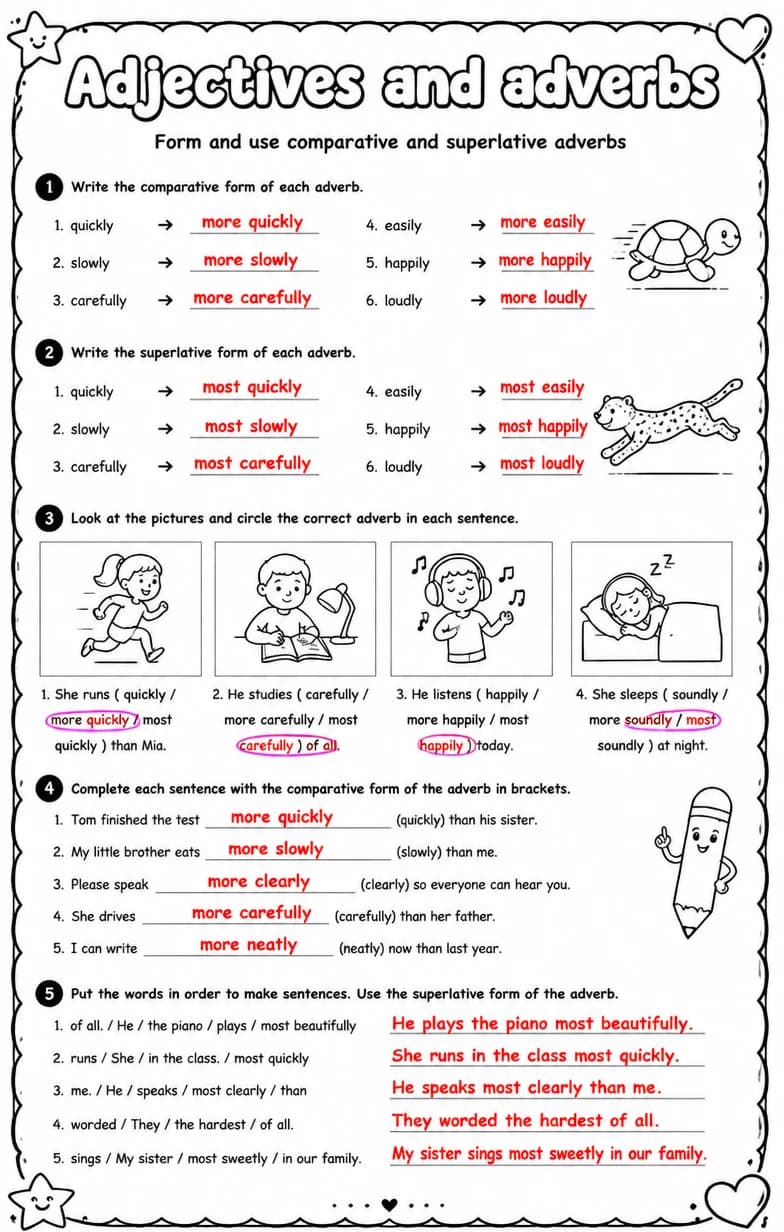 Answer key for Form and use comparative and superlative adverbs — free printable English & Reading worksheet