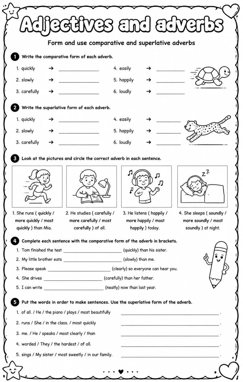 Form and use comparative and superlative adverbs — free printable Grammar and mechanics English worksheet