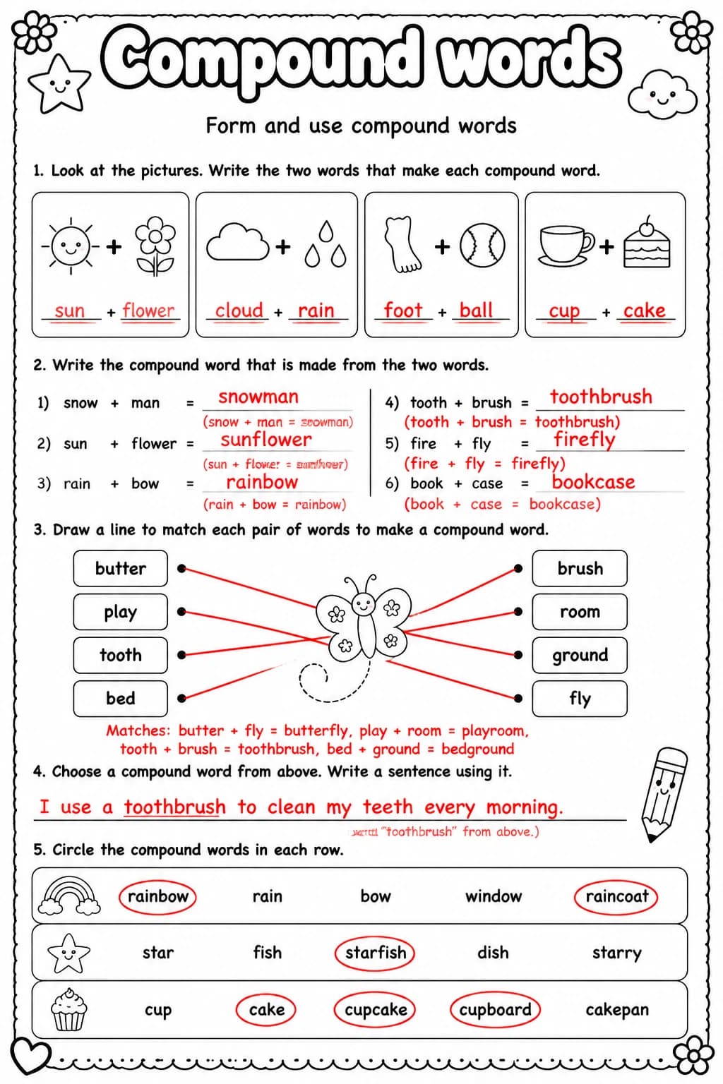 Answer key for Form and use compound words — free printable English & Reading worksheet