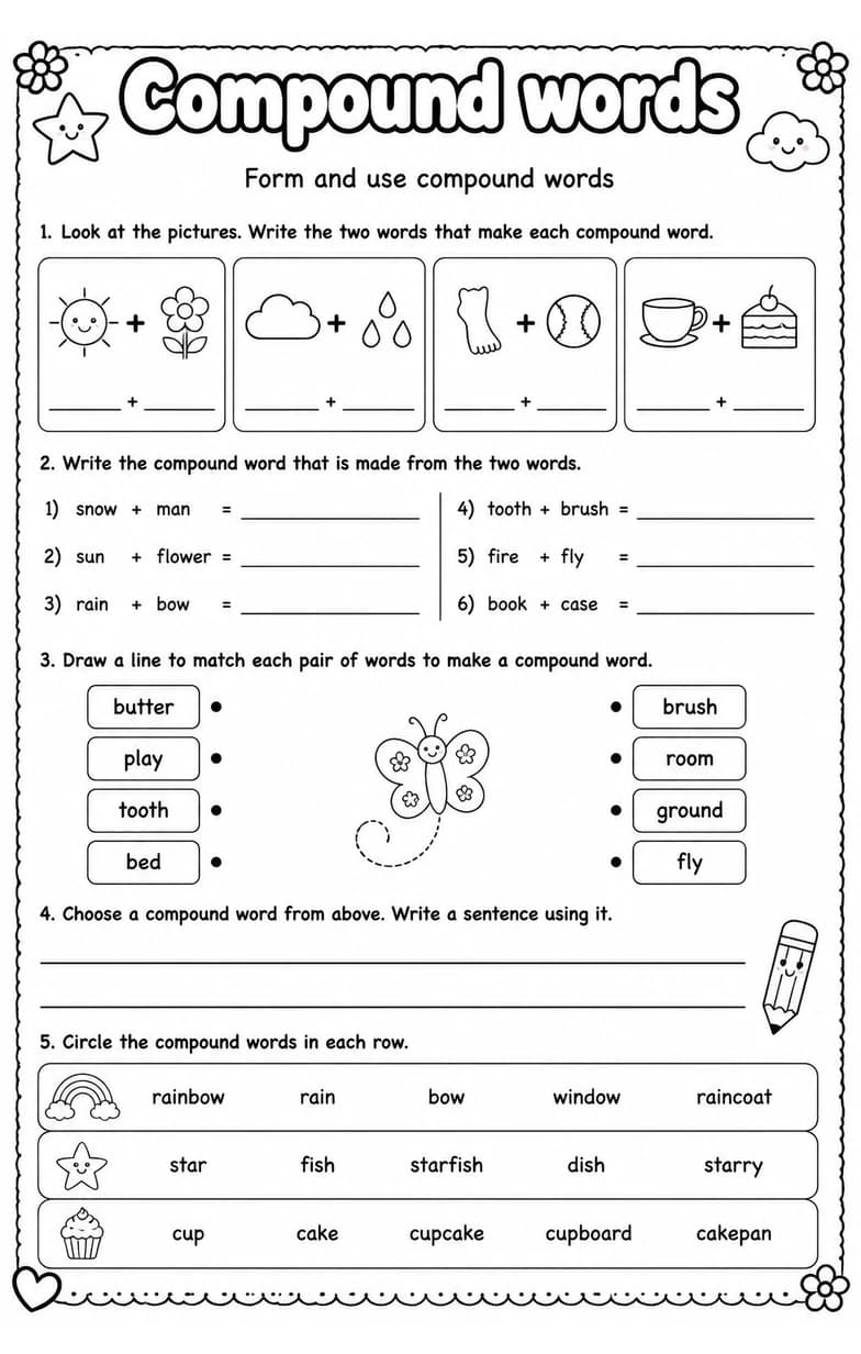 Form and use compound words — free printable Grade 2 English & Reading worksheet