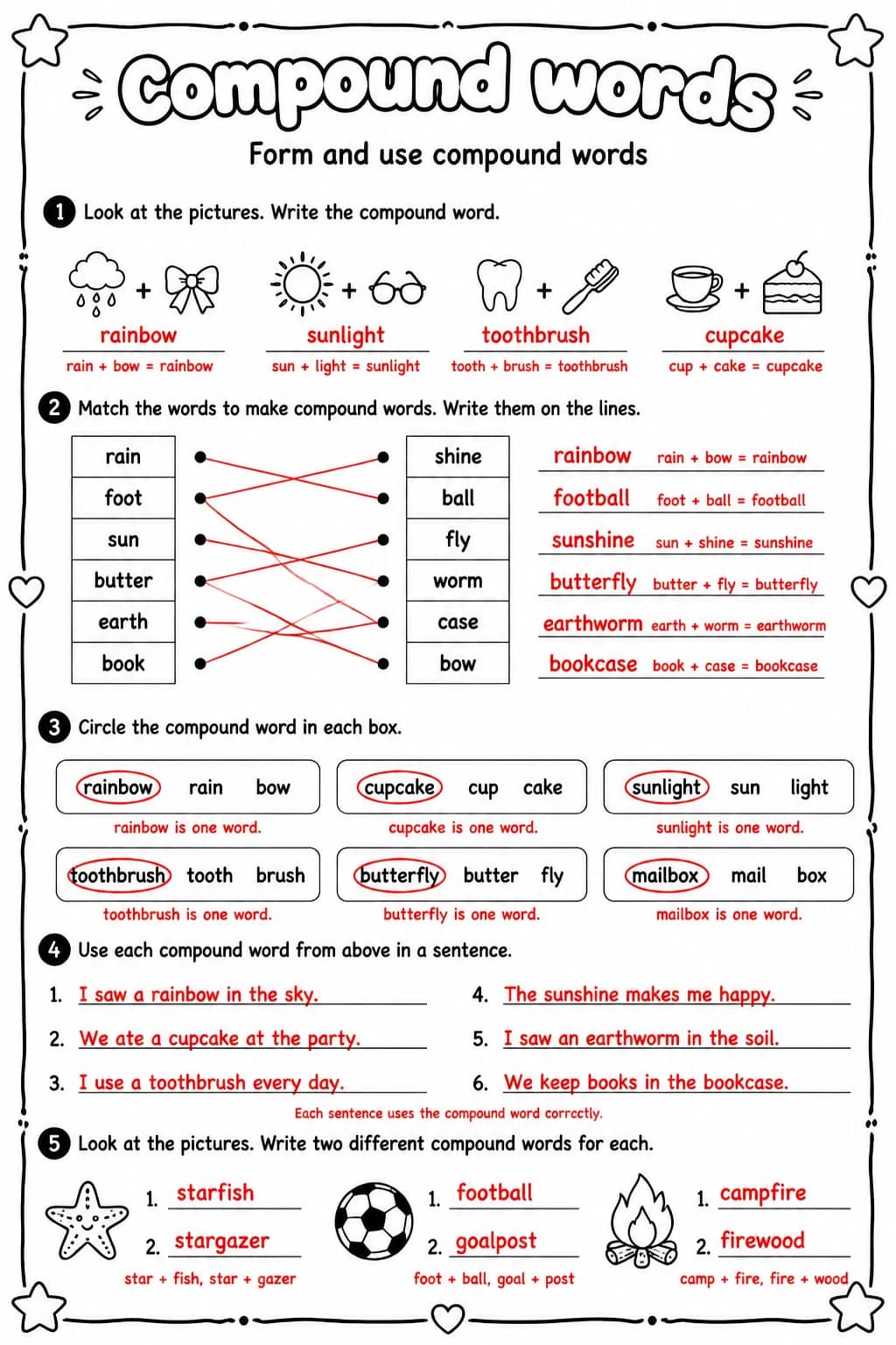 Answer key for Form and use compound words — free printable English & Reading worksheet