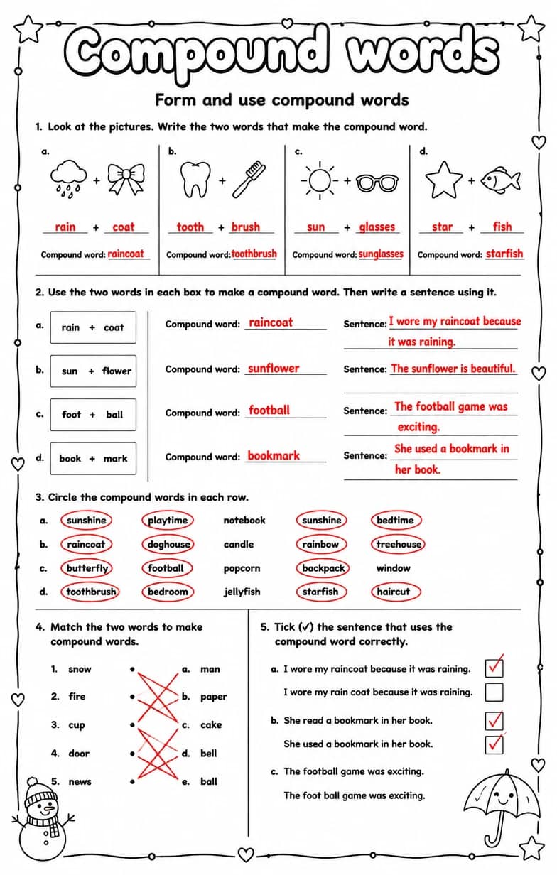 Answer key for Form and use compound words — free printable English & Reading worksheet