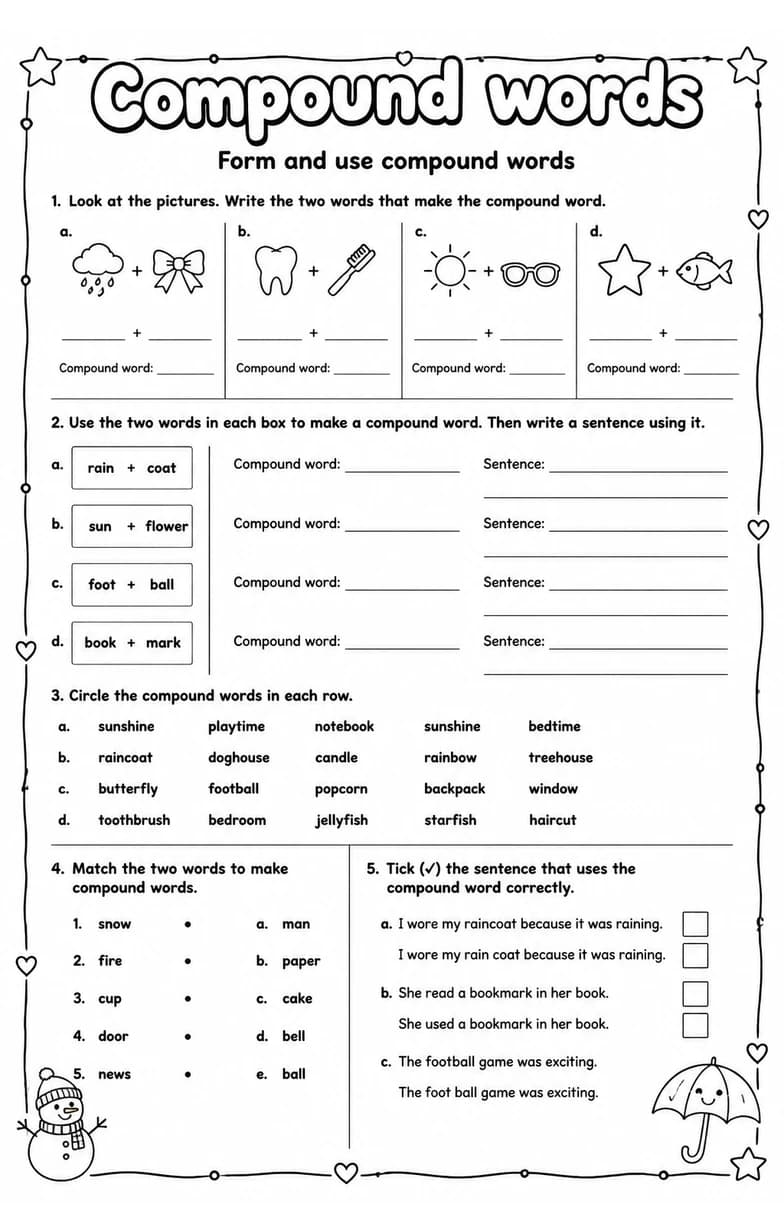 Form and use compound words — free printable Grade 4 English & Reading worksheet