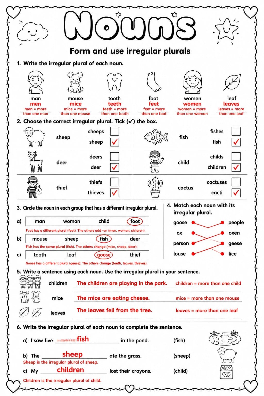 Answer key for Form and use irregular plurals — free printable English & Reading worksheet