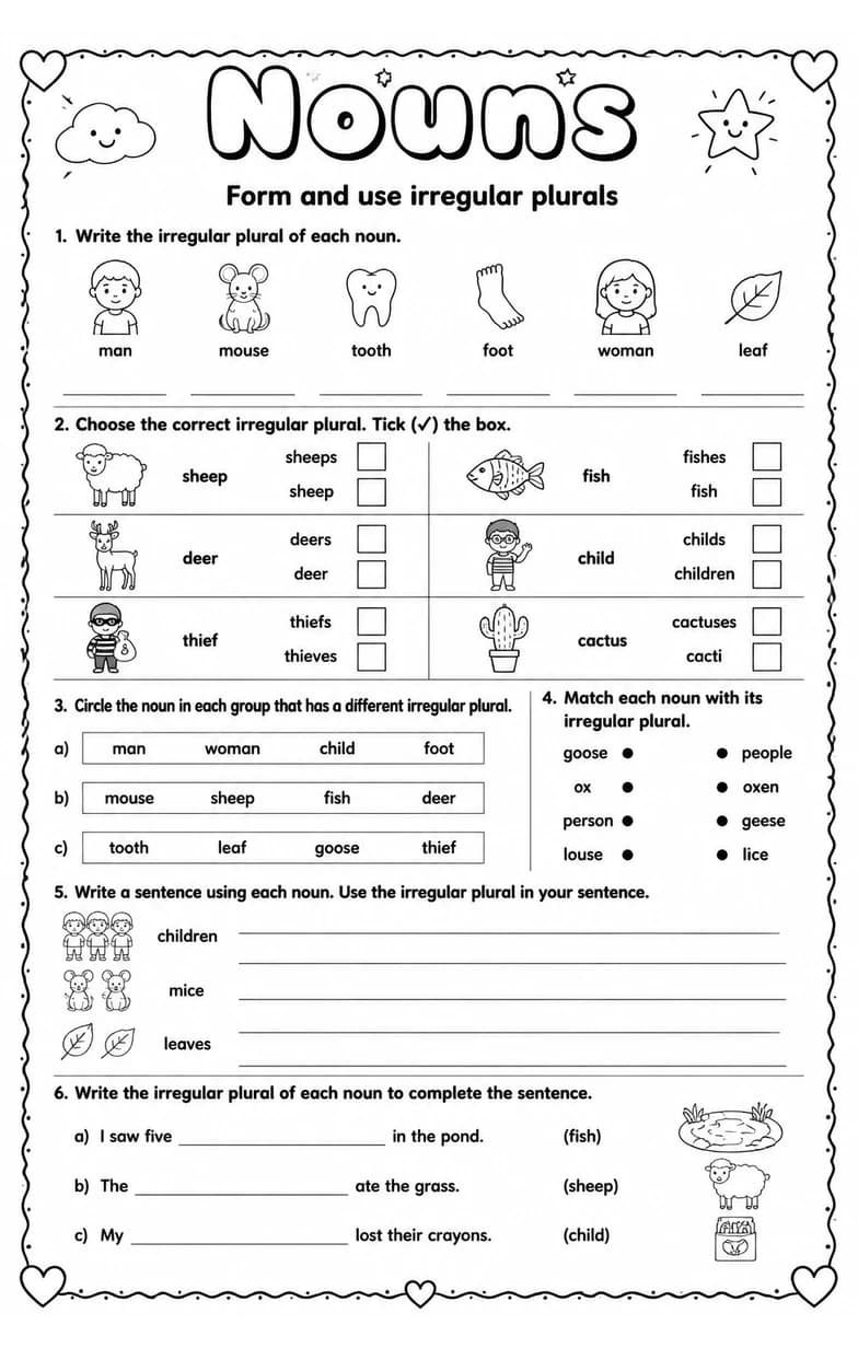 Form and use irregular plurals — free printable Grammar and mechanics English worksheet