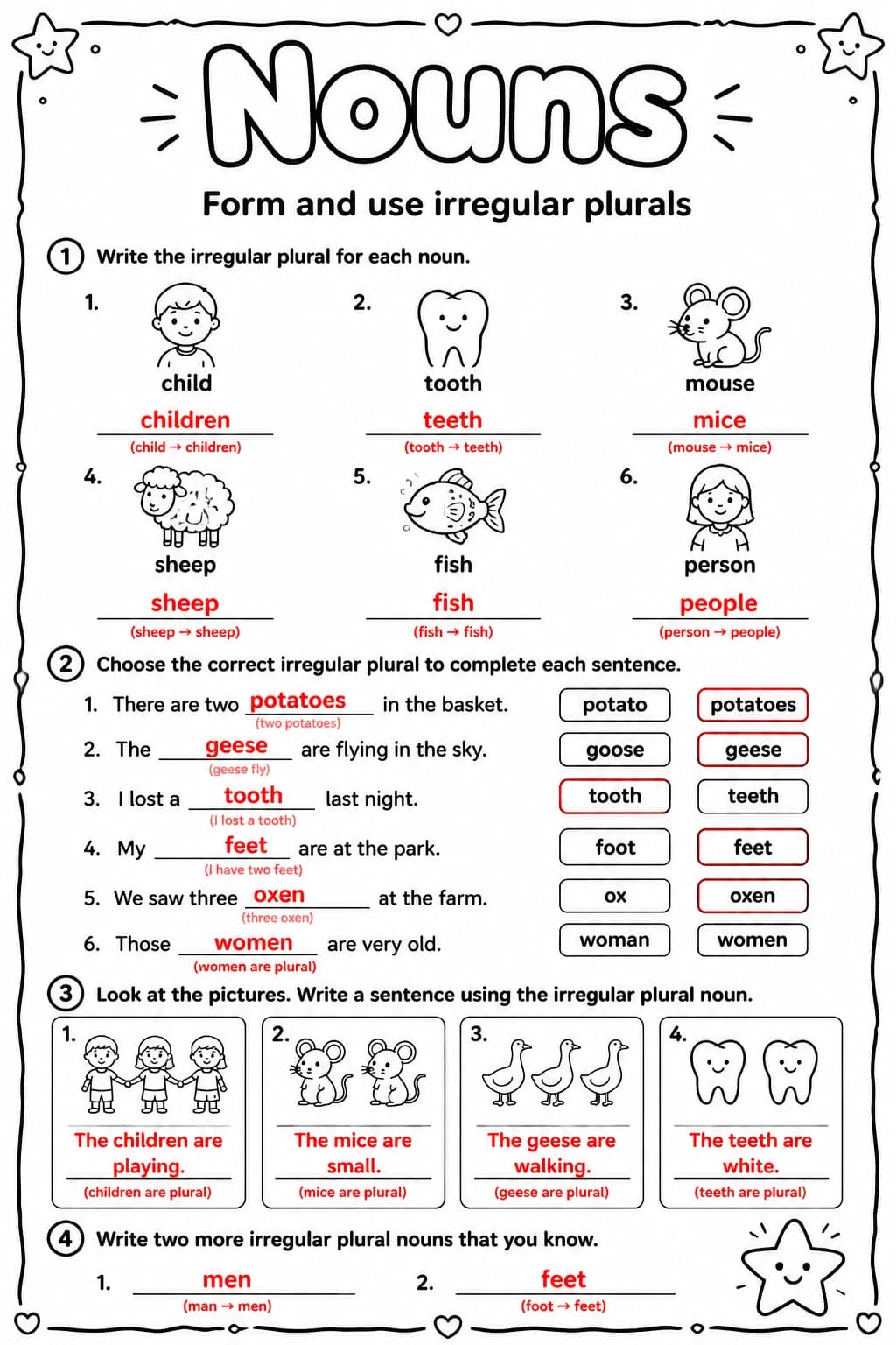 Answer key for Form and use irregular plurals — free printable English & Reading worksheet