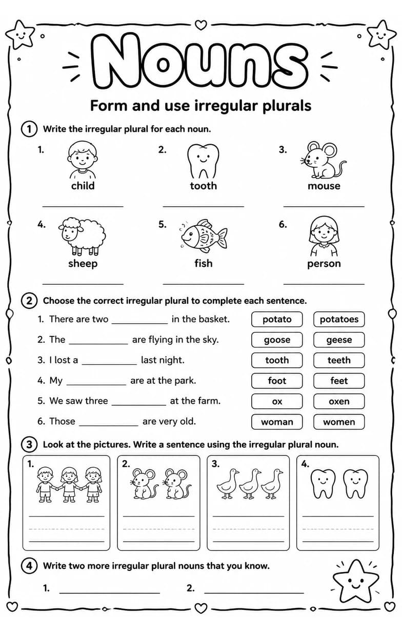 Form and use irregular plurals — free printable Grade 3 English & Reading worksheet